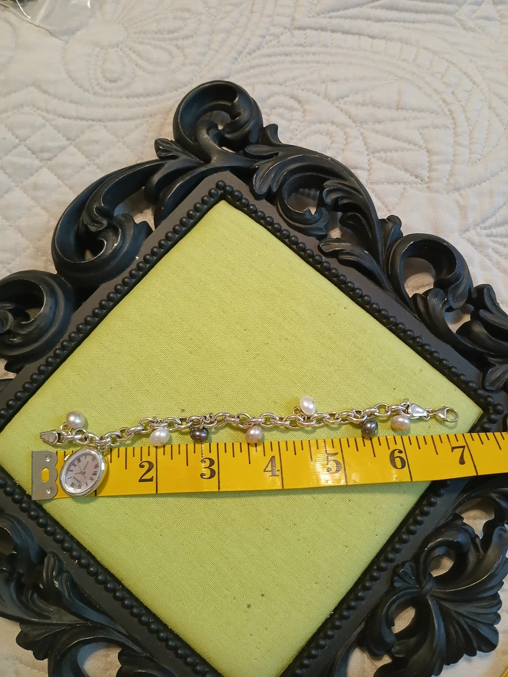 Honora Sterling Silver Chain Bracelet Watch with White and Black Pearls
